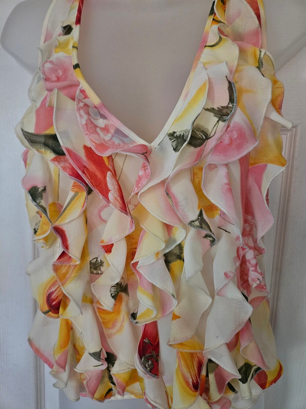 VTG Y2k Cache sz 12 Chiffon Tiered Floral  Watercolor Ruffle Sheer Cami Top